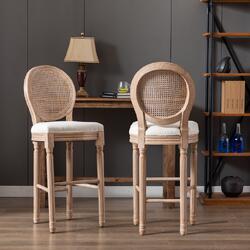 vtng50 French Country Wooden Barstools Rattan Back With Upholstered Seating