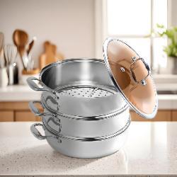 SOGA 3 Tier 32cm Heavy Duty Stainless Steel Food Steamer Vegetable Pot Stackable Pan Insert with Glass Lid