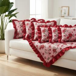 SOGA SOGA 6PC Rose Ruffle Pillow Cover Set – 4x 45cm Burgundy & 2x 30x50cm Red Decorative pillowcases