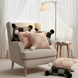 SOGA SOGA 6PC Pillowcase Set – Modern Black, Pink & Gray Gingham with Pom Poms & Checkerboard Knit Covers