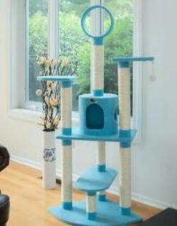 Real Wood 65-Inch Classic Cat Tree In Sky Blue 5-Level Condo Real Wood 65-Inch Classic Cat Tree In Sky Blue 5-Level Condo - B6605