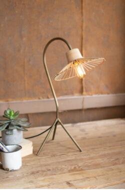 Kalalou Antique Brass Finish Table Lamp With Rattan Umbrella Shade