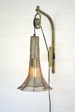 Kalalou Antique Brass Pulley Wall Lamp With Wire Brass Shade